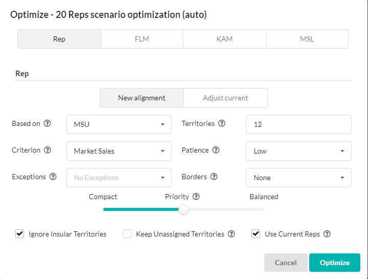 Territory Manager · Optimisation settings. Configure territory counts, balancing criteria and optimisation constraints.